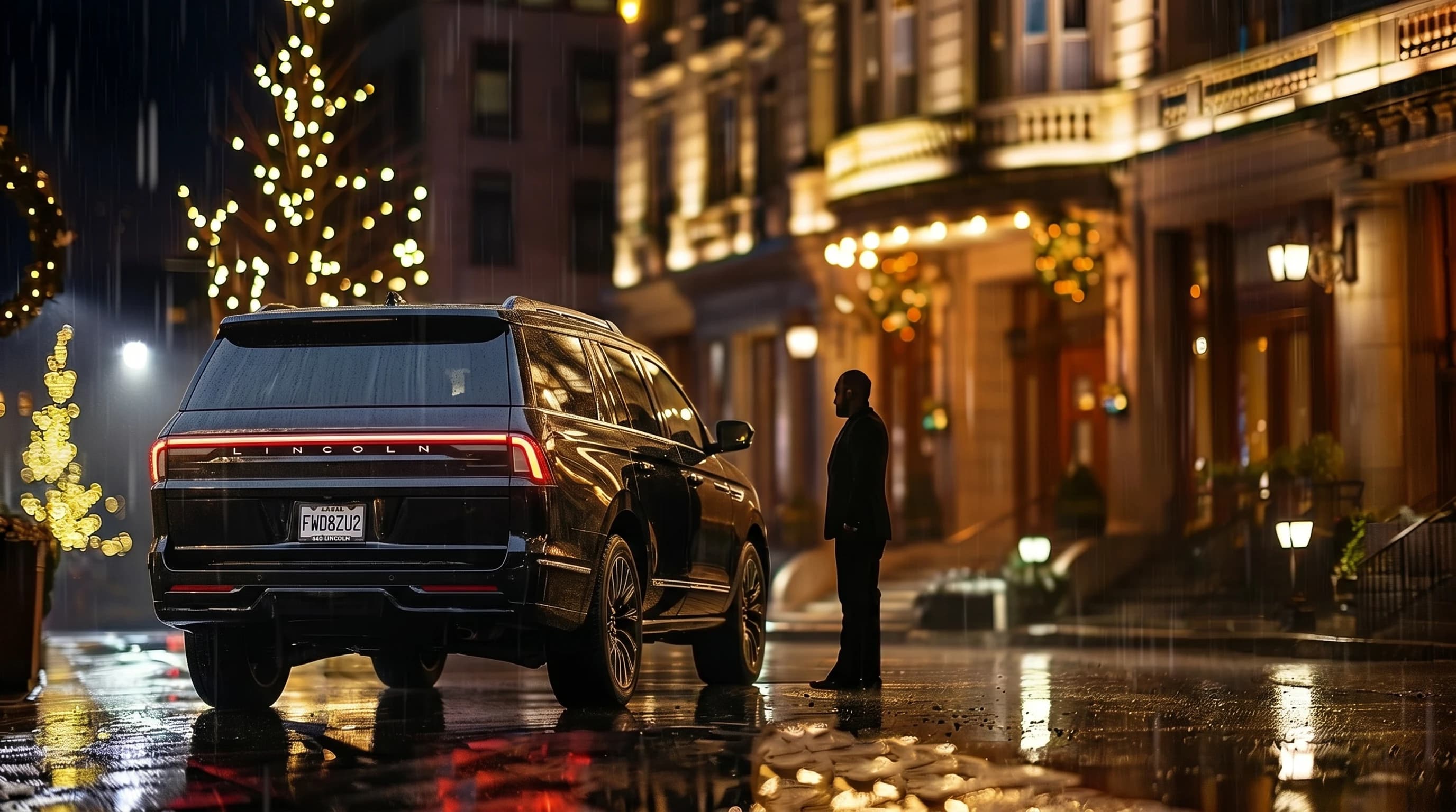 Black Lincoln Navigator outside a Montréal hotel at night