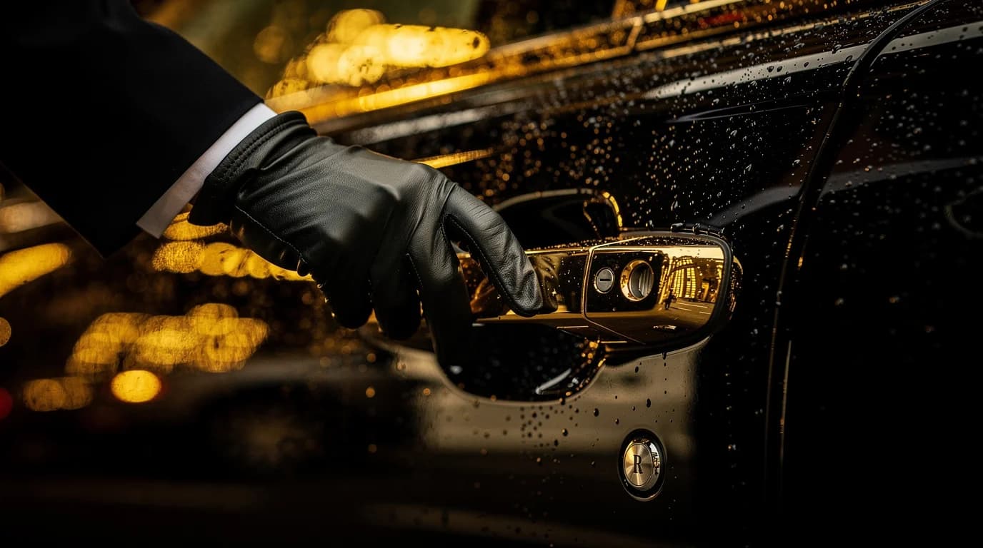 A black-gloved chauffeur's hand on a gold car door handle in the rain